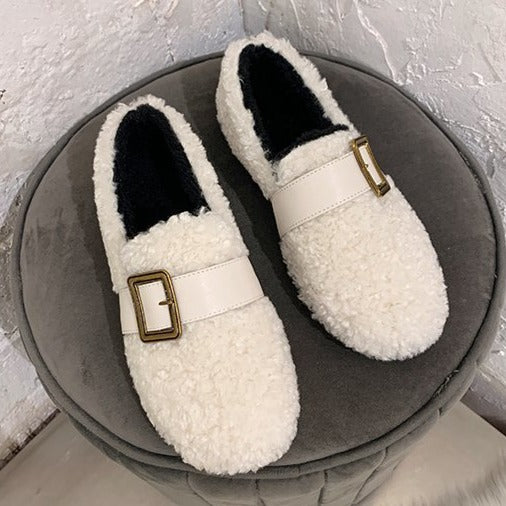 Women's warm lining slip on loafers winter keep warm cotton flat buckle strap shoes
