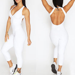 Women's bodycon textured sports fitness jumpsuits butt lifting yoga backless jumpsuit