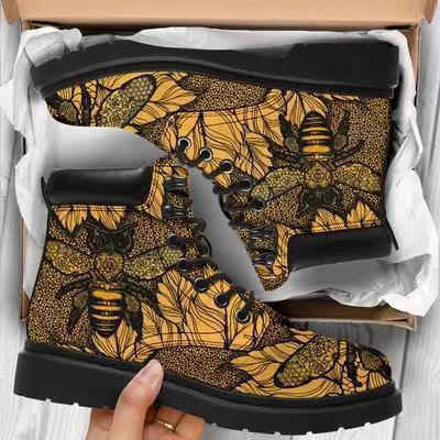 Skull bees mushroom print lace-up booties for women