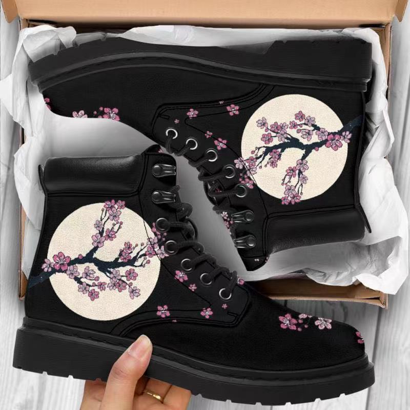 Skull bees mushroom print lace-up booties for women
