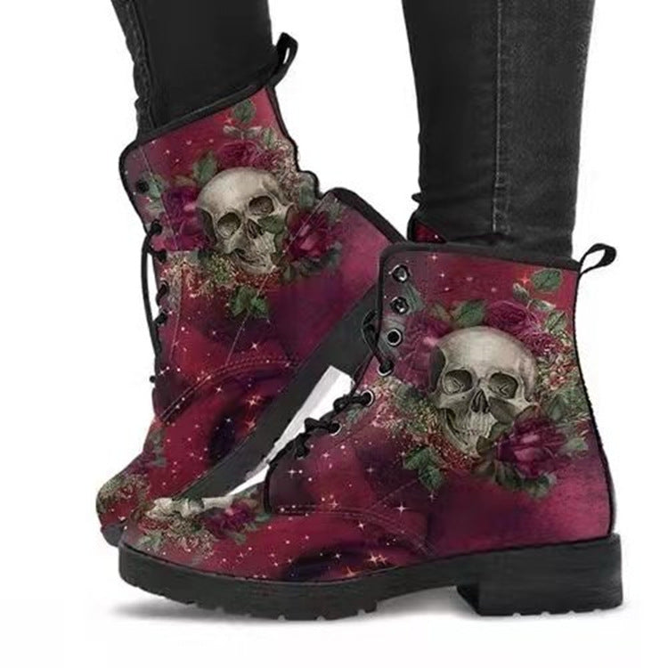 Women's fashion print lace-up boots flat high top martin boots