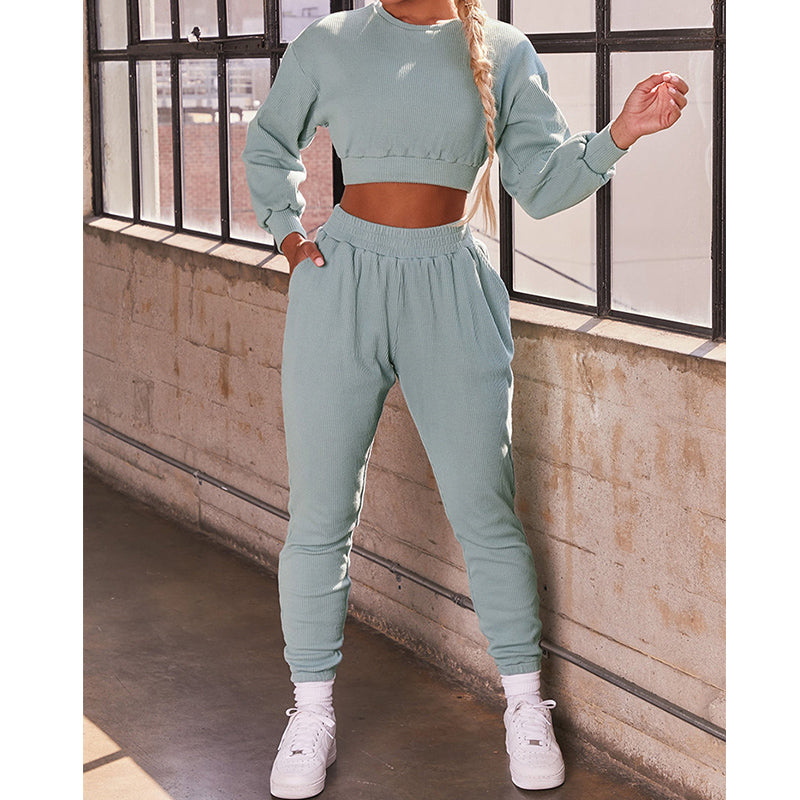 Women's rib-knit cropped tops & sweatpants 2 pieces tracksuits fitness sports activewear