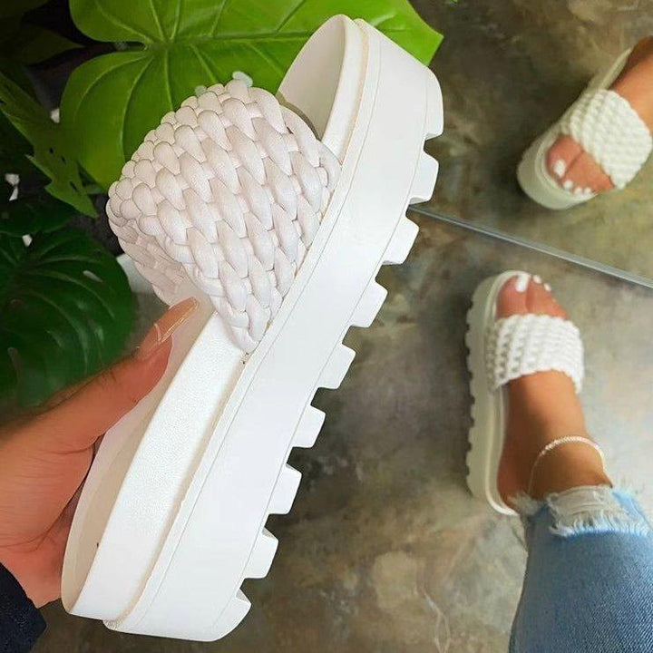 Women's thick platform woven one band open toe slides