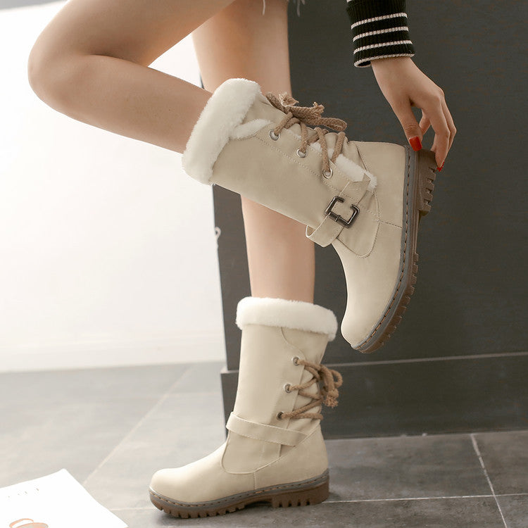 Mid Calf Boots Buckle Fur Lining Flat Snow Boots For Women