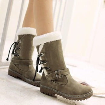 Mid Calf Boots Buckle Fur Lining Flat Snow Boots For Women
