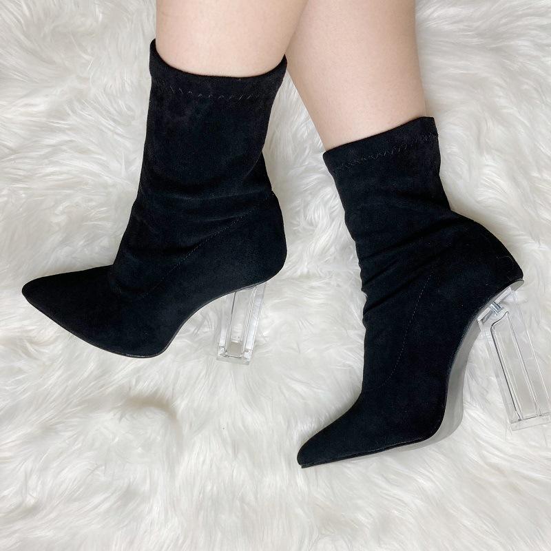 Sexy clear high heels faux suede booties