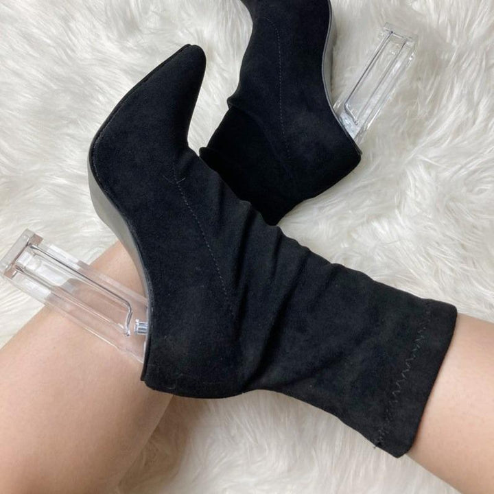 Sexy clear high heels faux suede booties