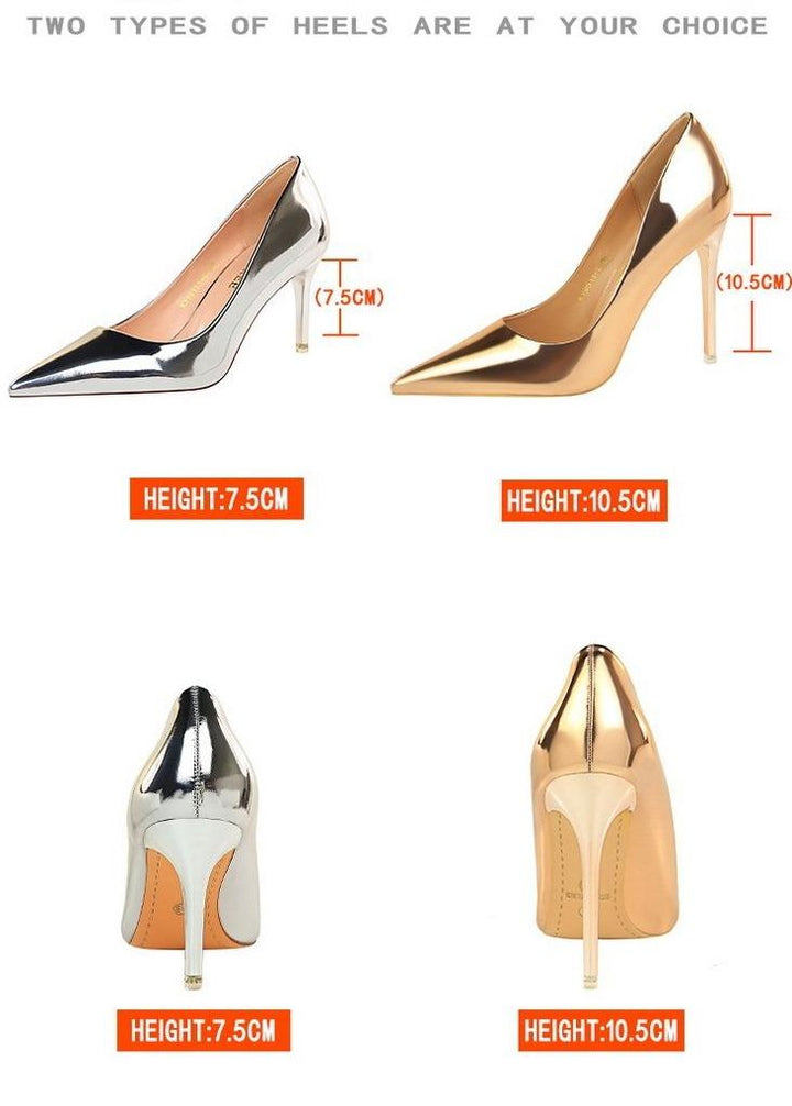 Women's sexy metal mirror high heels pointed closed toe stilettos