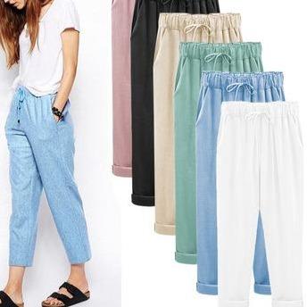 Women's elastic waist drawstring tapered cropped pants summer comfy linen pants