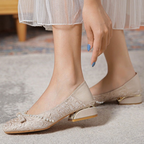 Women's vintage pearls decoration low heel bridal flats spring summer square toe wedding party dressy shoes