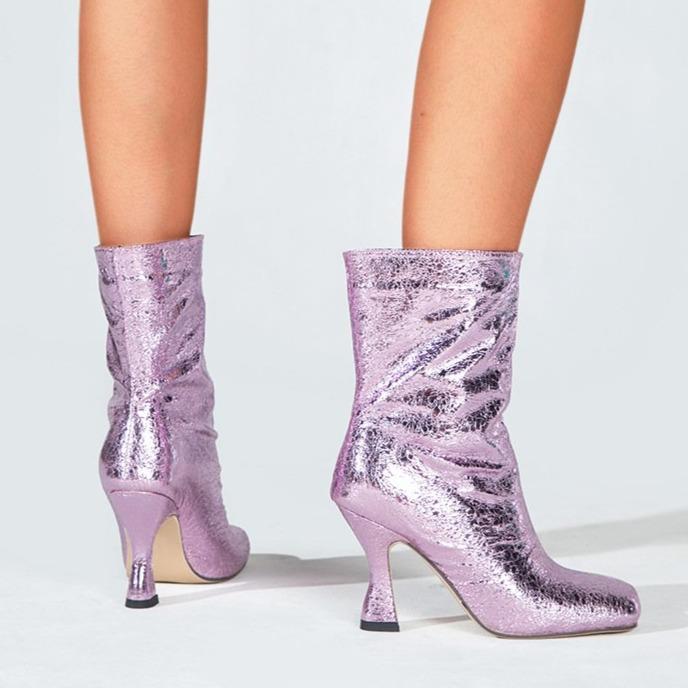 Metallic shining square toe high heels mid calf boots for party