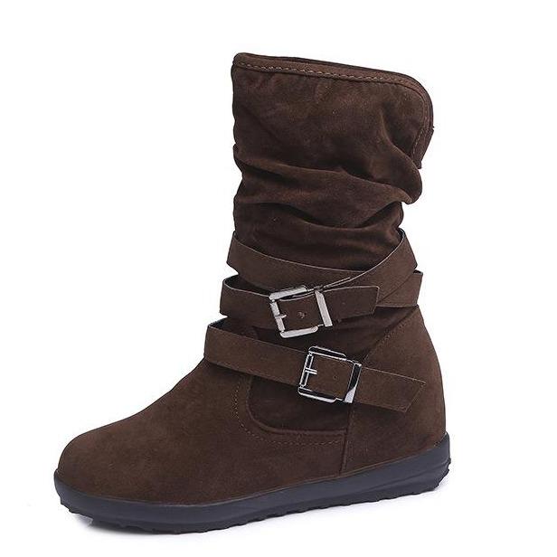 Warm lined mid calf slouch boots with buckle straps