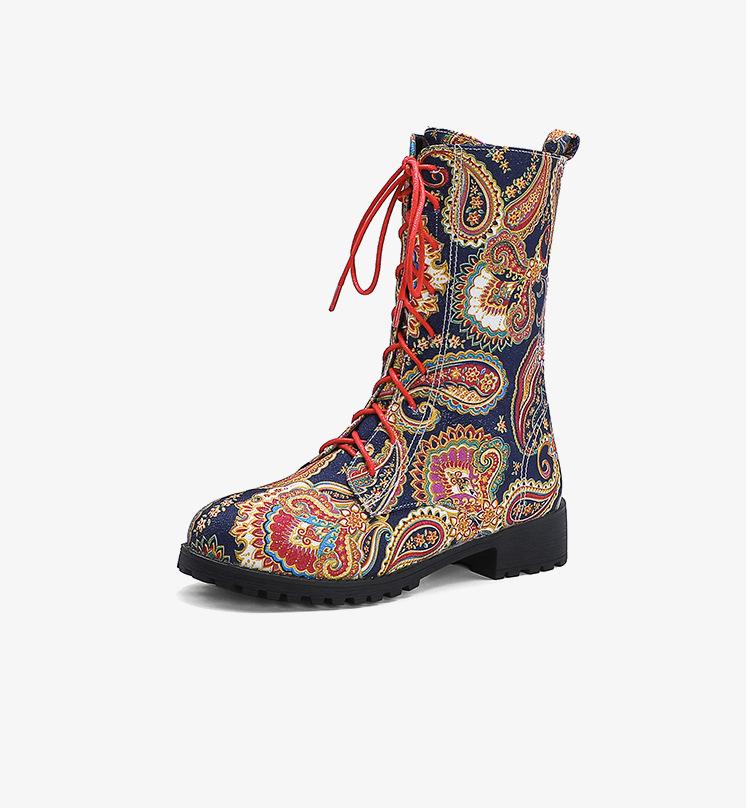 Vintage flower print lace-up mid calf boots fashion round toe martin boots for fall winter