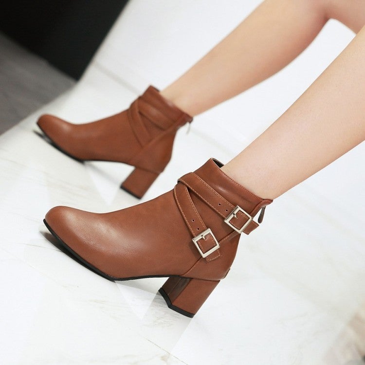 Criss buckle strap block heel ankle boots with side zipper