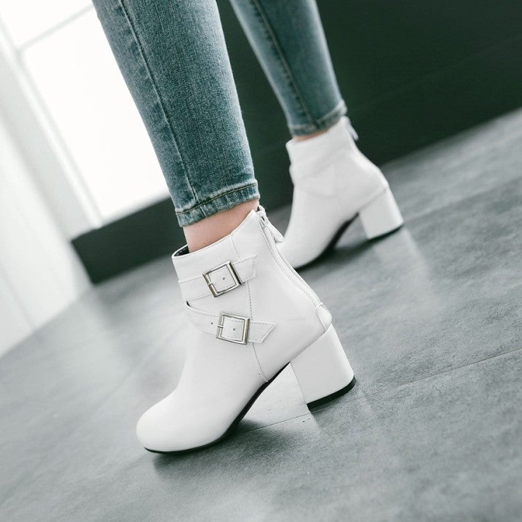 Criss buckle strap block heel ankle boots with side zipper