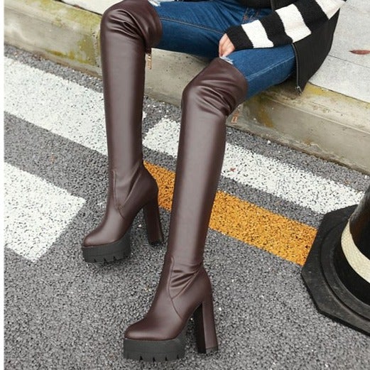 Women's PU leather chunky high heel thigh high boots | Platform over the knee boots