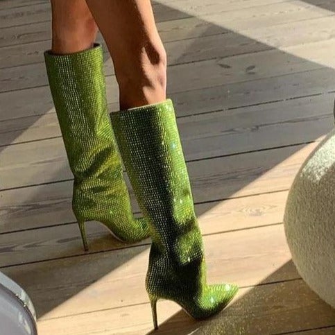 Rhinestone shining stiletto knee high boots glitter fashion show party boots