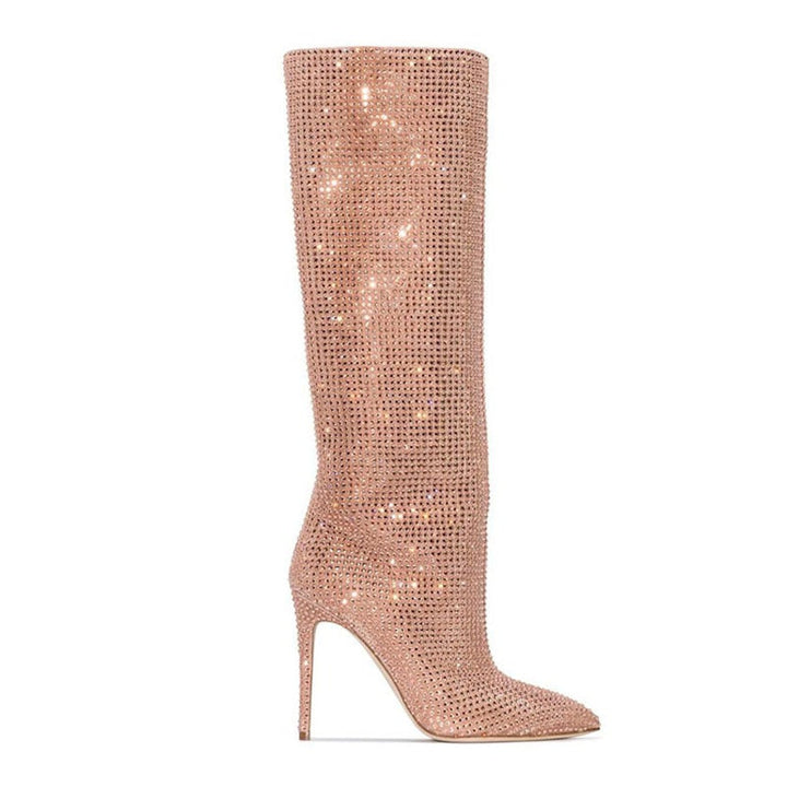 Rhinestone shining stiletto knee high boots glitter fashion show party boots