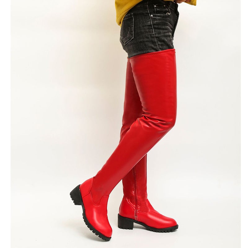 Black red chunky square heel thigh high boots for women