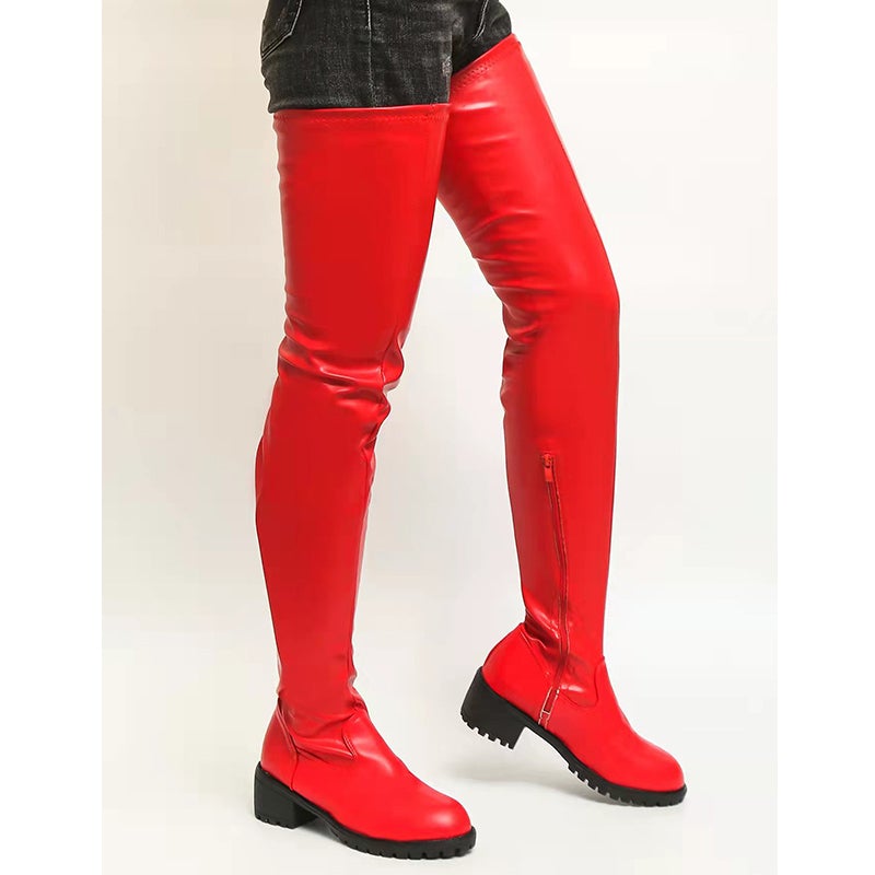 Black red chunky square heel thigh high boots for women