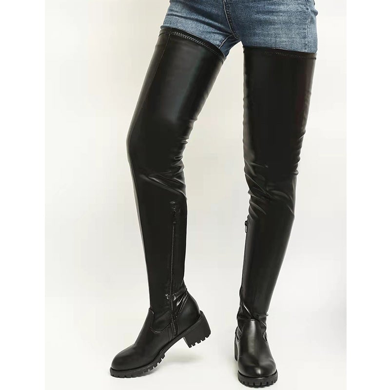 Black red chunky square heel thigh high boots for women