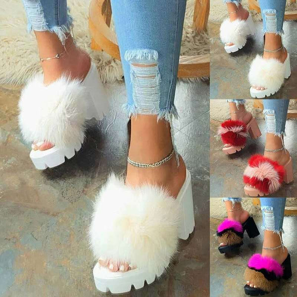 Women's fuzzy platform chunky high heel open toe slide sandals