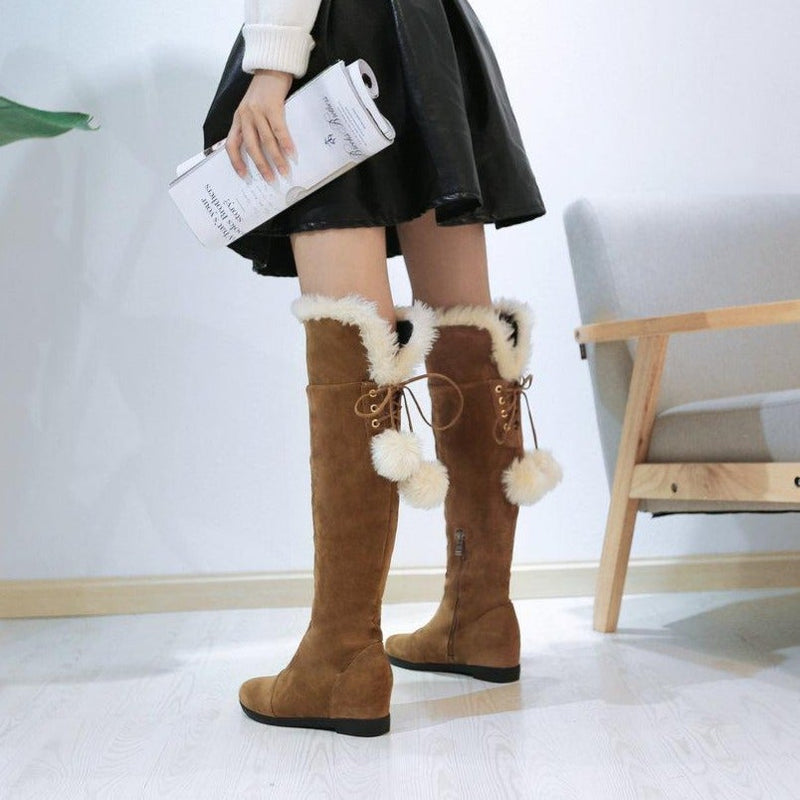 Women's furry warm thigh high snow boots | Cute back poms lace-up tall boots