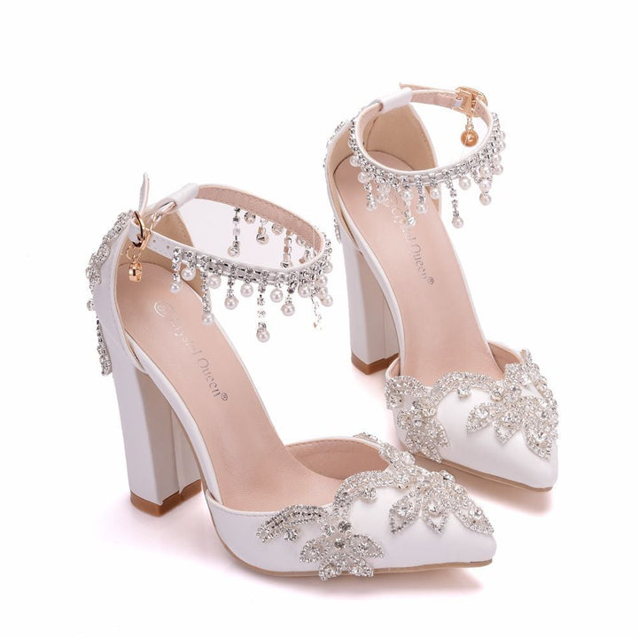 Rhinestone white beads ankle strap pointed toe wedding heels