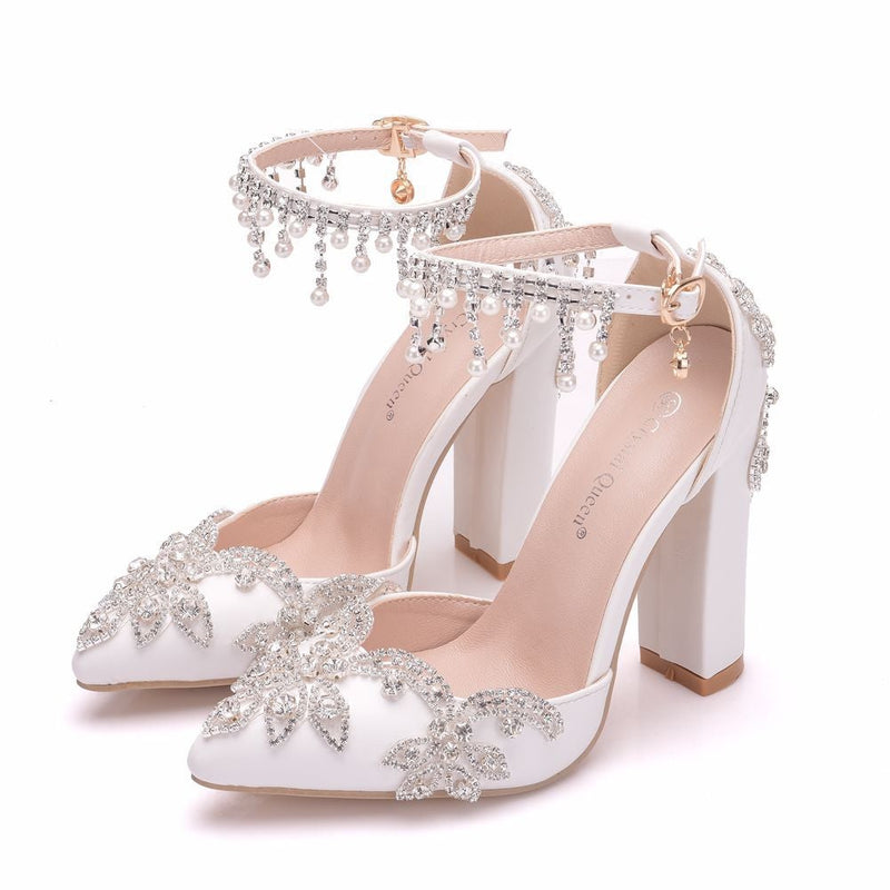 Rhinestone white beads ankle strap pointed toe wedding heels