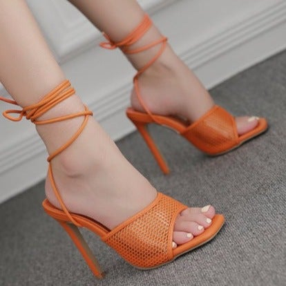 Square peep toe fishnet hollow tie-up heels | Sexy summer party heels