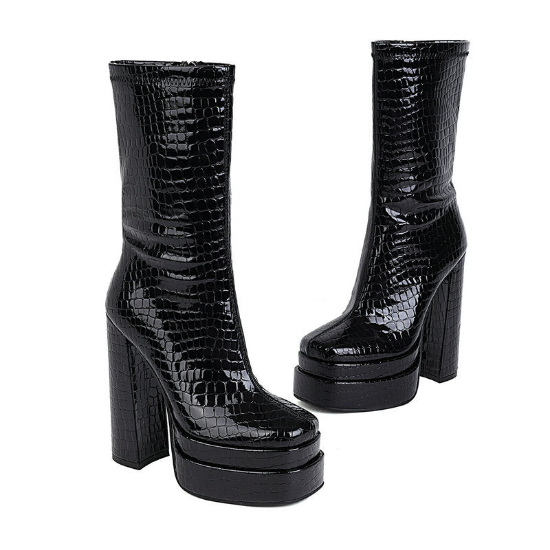 Women's black chunky heels platform mid calf boots | Fashion show high heel boots