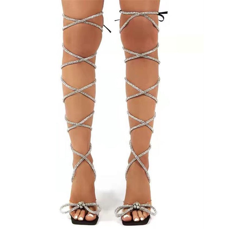 Rhinestone strappy lace-up stiletto heels | Sexy shining bowknot ankle tie-up heels
