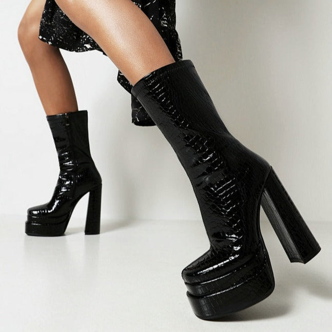 Women's black chunky heels platform mid calf boots | Fashion show high heel boots