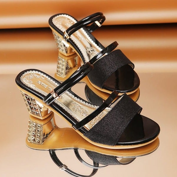 Women's summer gold silver shining slip on block heels
