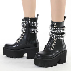 Women's studded black gothic punk biker boots | Chunky platform lace-up mid calf boots