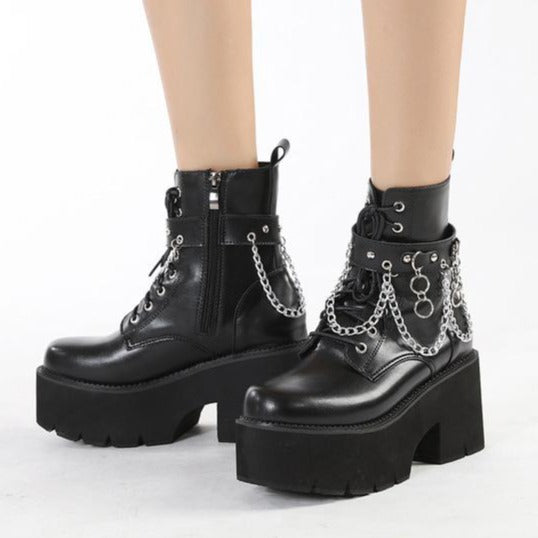 Women's metal chains black chunky platform steampunk lace-up martin boots combat boots