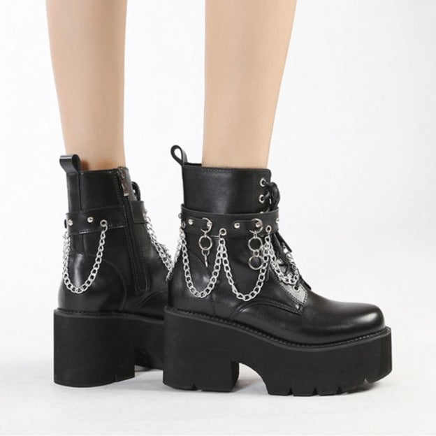 Women's metal chains black chunky platform steampunk lace-up martin boots combat boots