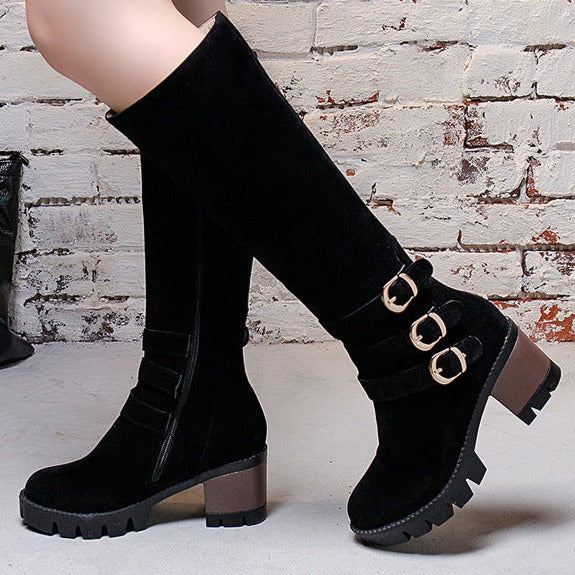 Women's faux suede block heel knee high boots
