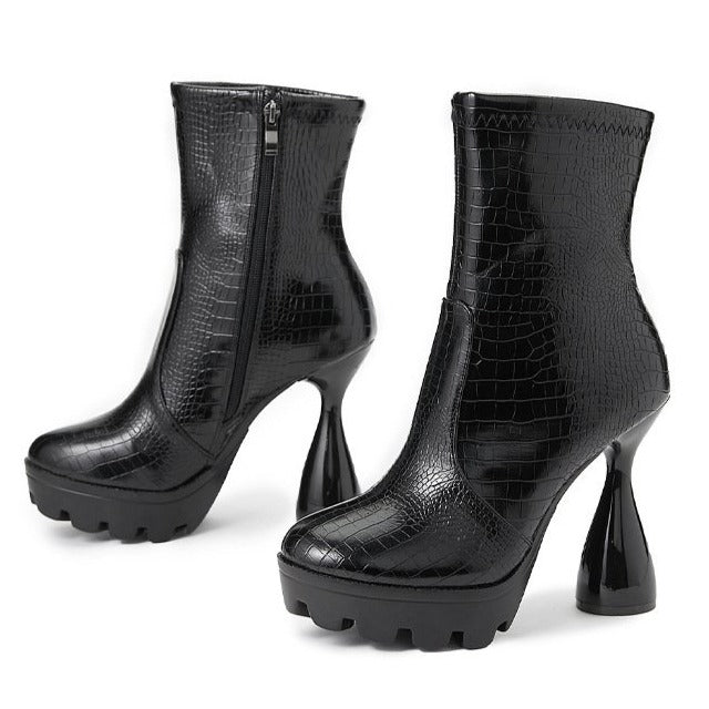 Women's black snakeskin wine glass high heels mid calf boots