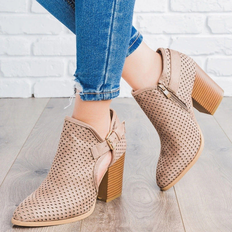 Women's pointed toe side cutout chunky block heel ankle booties