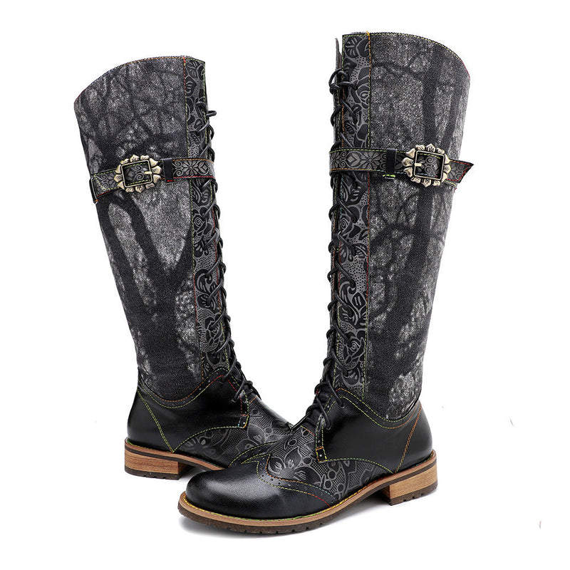 Women's vintage black brush off leather knee high boots low heel lace-up motorcycle boots