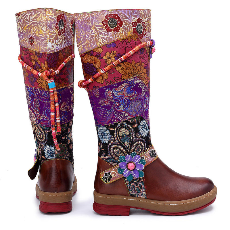 Women's ethnic red flower embroidery tassels knee high boots
