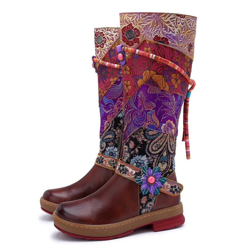 Women's ethnic red flower embroidery tassels knee high boots