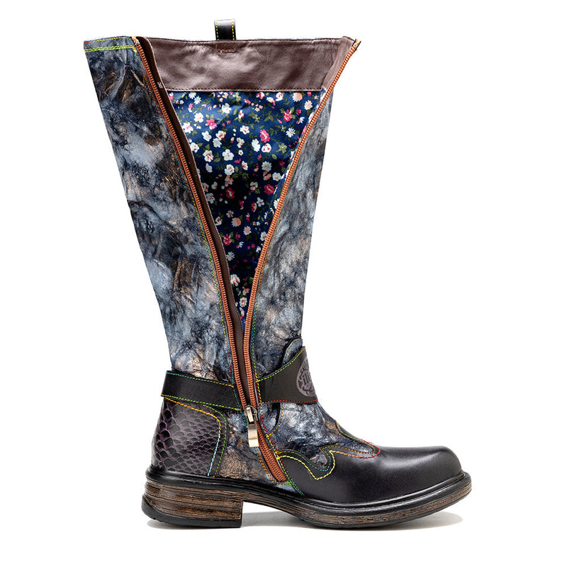Women's leather vintage black metallic luster pleated design knee high boots
