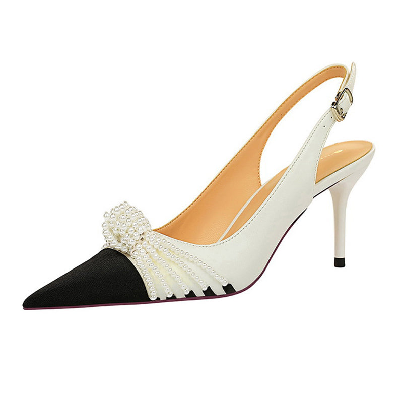 Pearls bowknot pointed toe slingback pumps | Elegant banquet evening heels