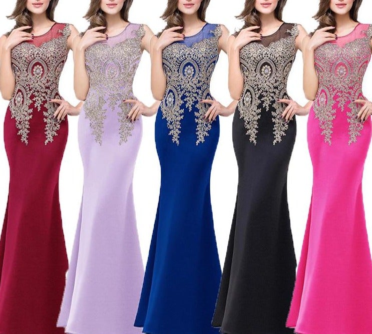 Illusion embroidery sleevesless maxi mermaid dress | Party evening prom dress