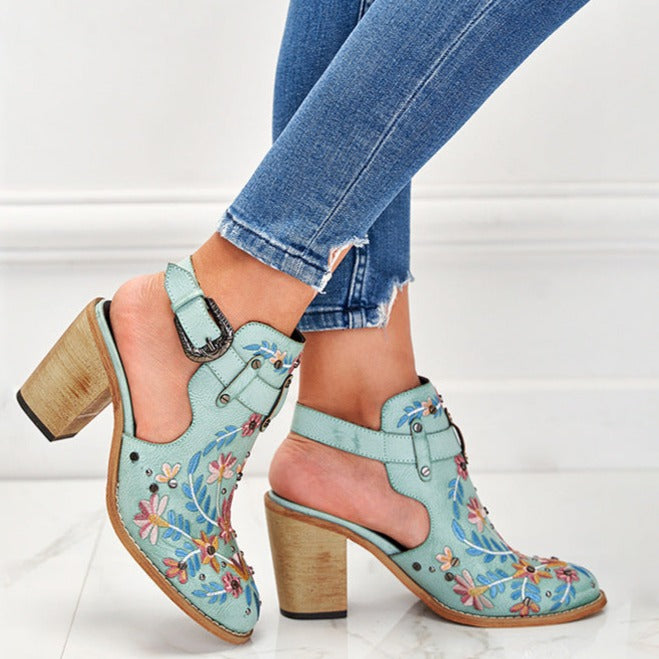 Women's flower embroidery stacked heels booties | Spring summer cutout ankle boots