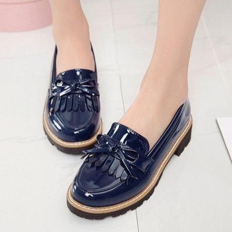 Women's classic slip on tassels loafers shoes PU patent leather
