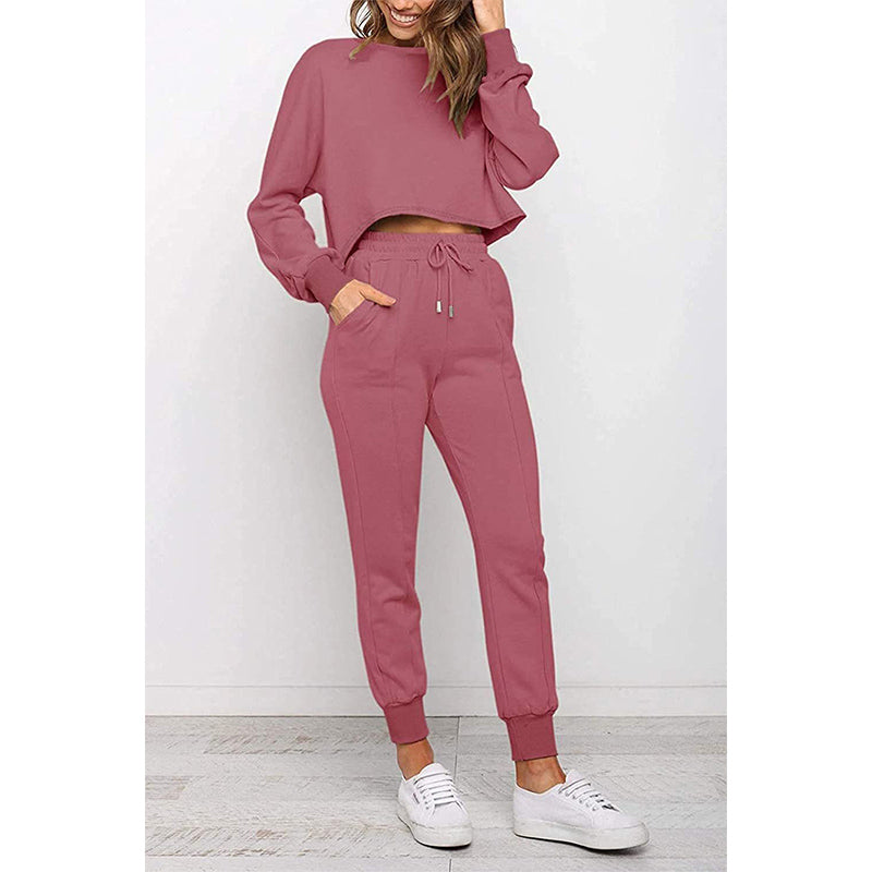 Women's long sleeves cropped tops & sweatpants 2 pieces tracksuits with pockets winter fitness sport outfits