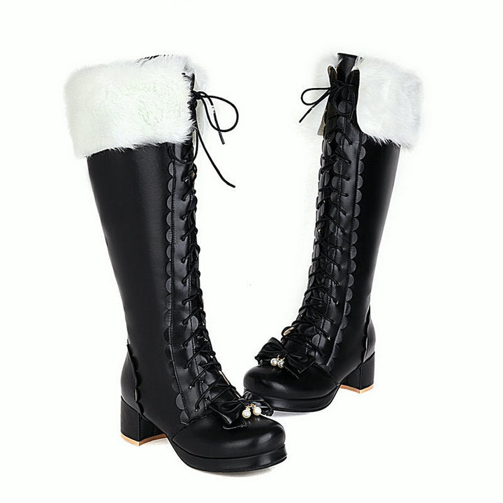 Sweet bow tie faux fur lined knee high combat boots Block heels front lace knee high costume boots